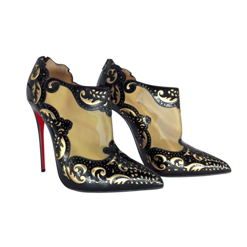 Christian Louboutin Mandolina 120mm Black Gold Laser Cut Gold Mesh Booties 39.5